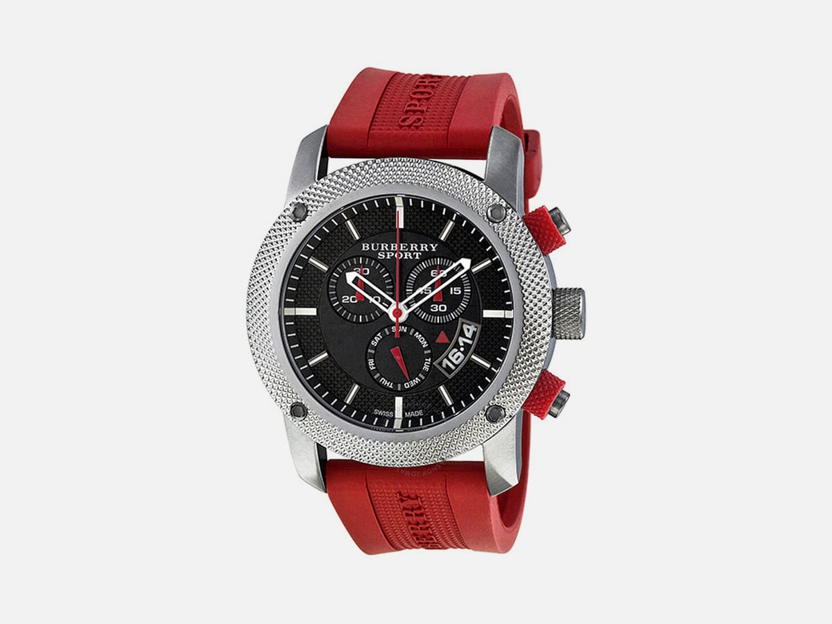 Burberry Sport Chronograph Black Dial Red Rubber Mens Watch BU7706